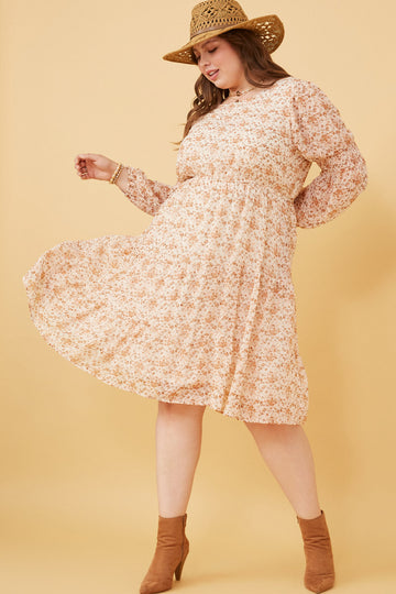 HY6168 Taupe Womens Floral Print Smocked Sleeve Midi Dress Full Body